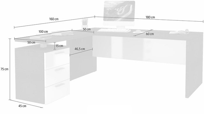 Scrivania Angolare 180/160x60x75cm cm New Selina Bianco Lucido e Ardesia