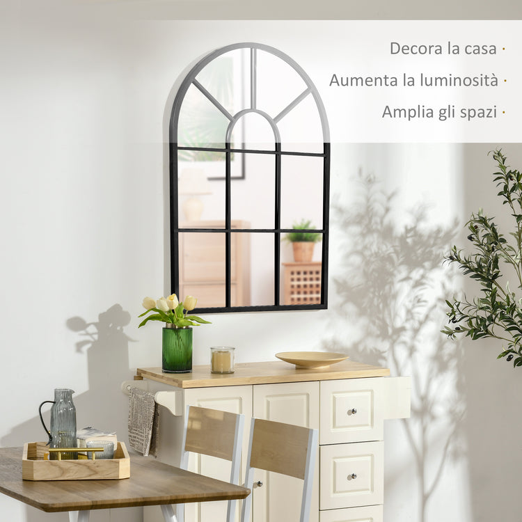 Specchio a Parete e a forma di Arco 91x60 cm in Metallo Nero e Vetro