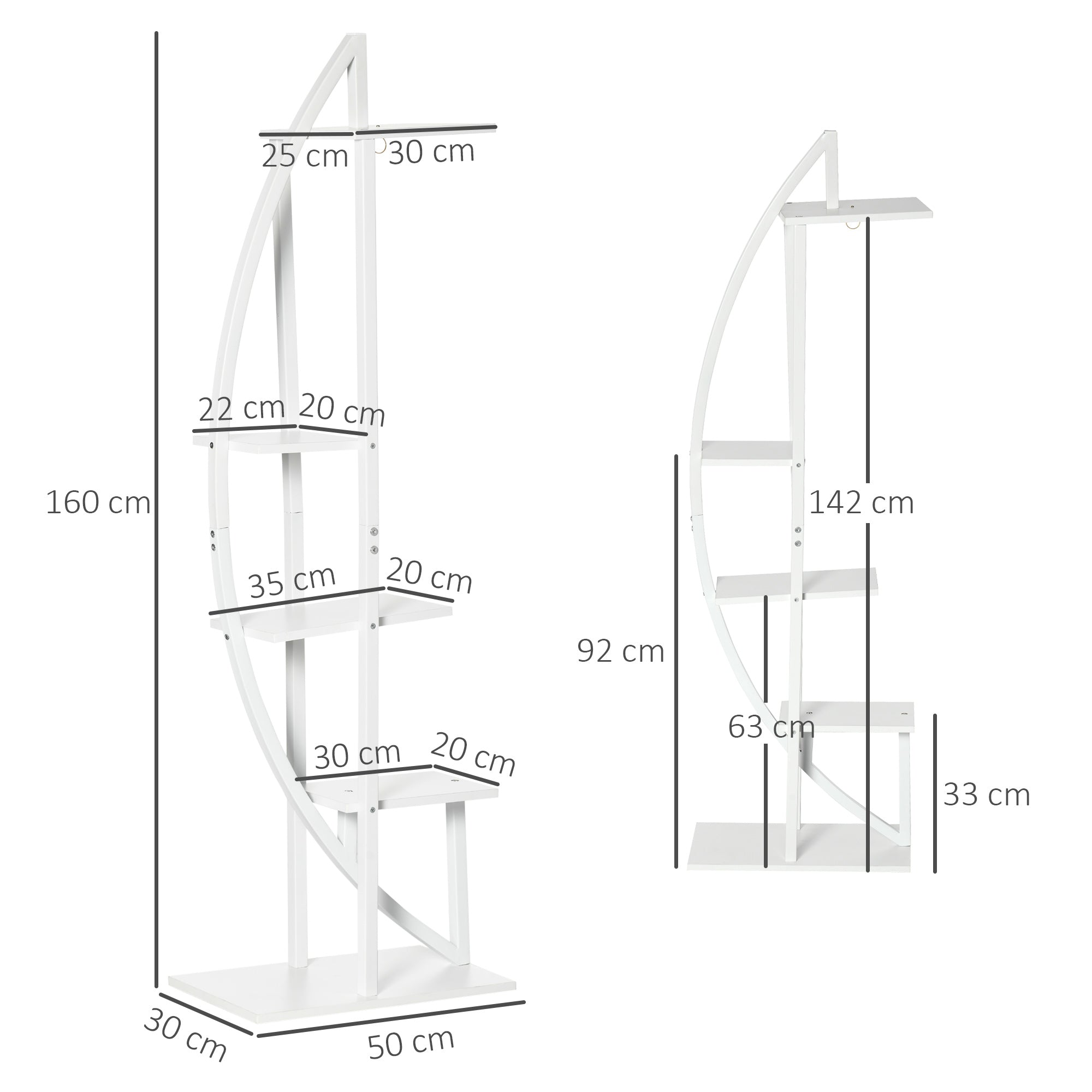 Portafiori a 5 Livelli a Mezzaluna 50x30x160 cm per Interni ed Esterni in MDF e Acciaio Bianco