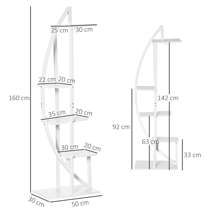 Portafiori a 5 Livelli a Mezzaluna 50x30x160 cm per Interni ed Esterni in MDF e Acciaio Bianco