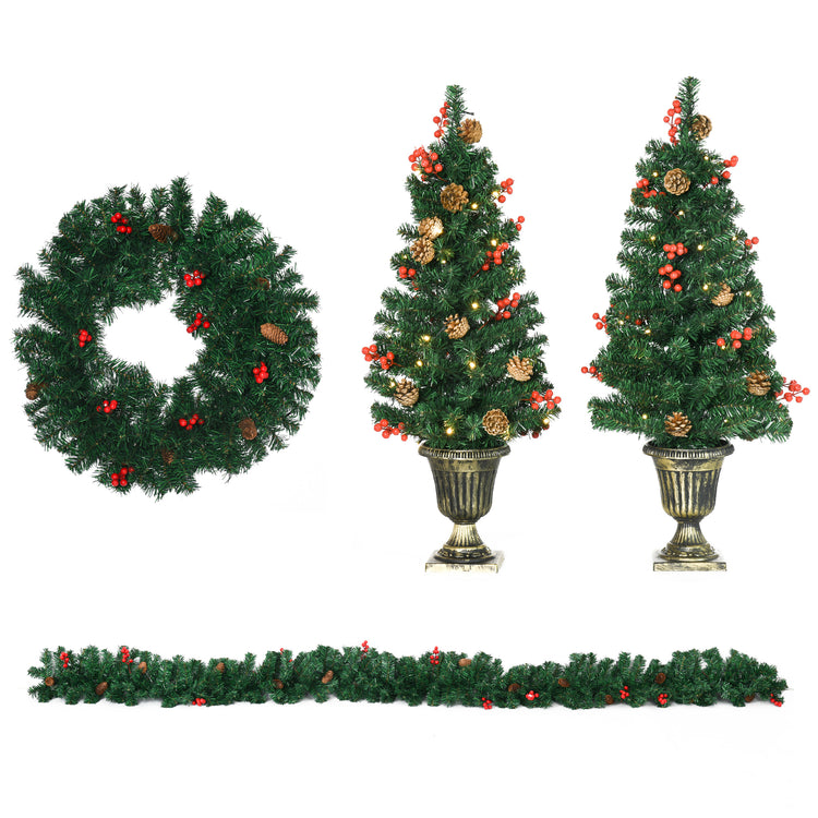 Set Decorazioni Natalizie 4 Pezzi 2 Alberelli di Natale Ø40x90 cm Ghirlanda Natalizia e Corona di Natale