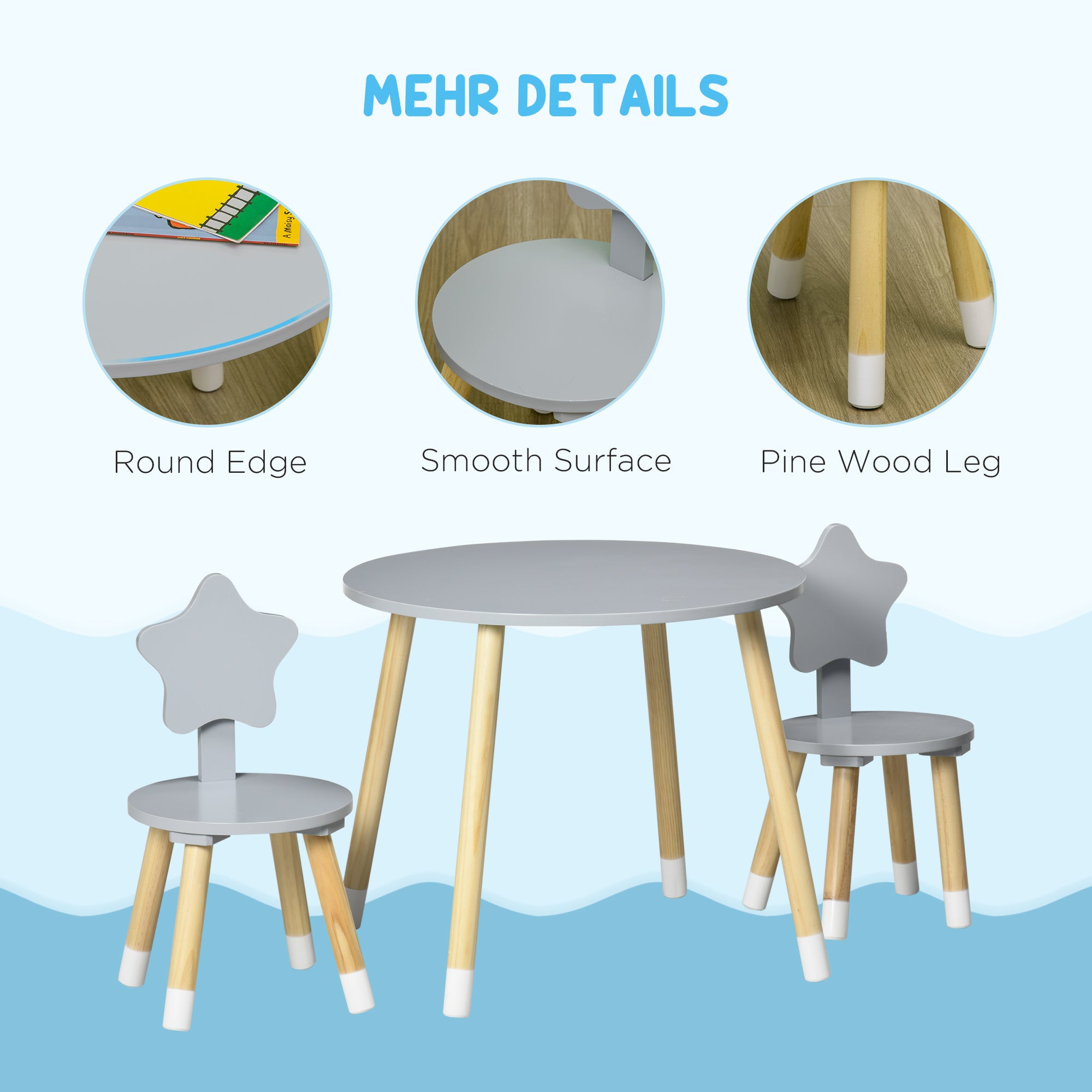 Set Tavolo con 2 Sedie per Bambini  in Legno Grigio