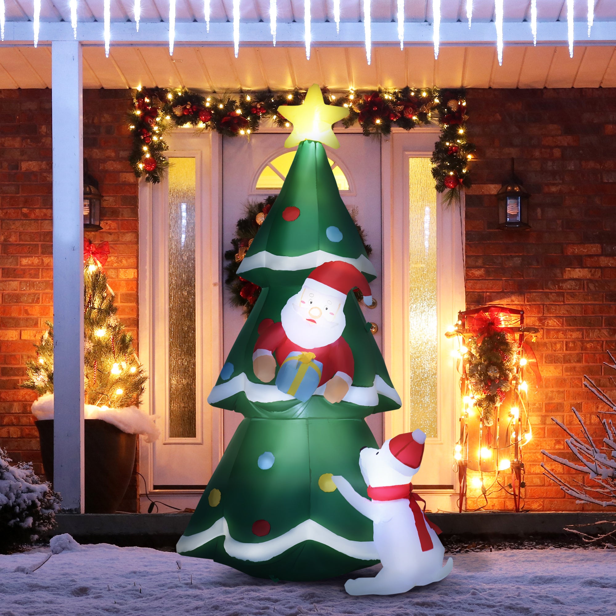 Albero di Natale Gonfiabile 112x80x180 cm con Babbo Natale Cagnolino e Luci LED