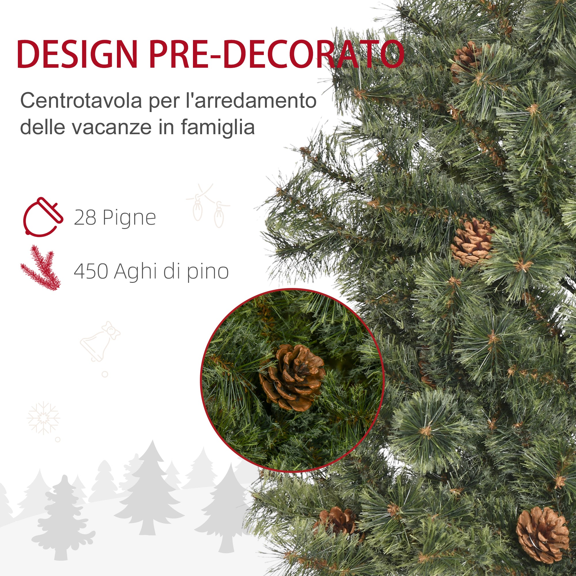 Albero di Natale Artificiale H180 cm 450 Rami con Pigne Decorative e Base in Metallo Verde