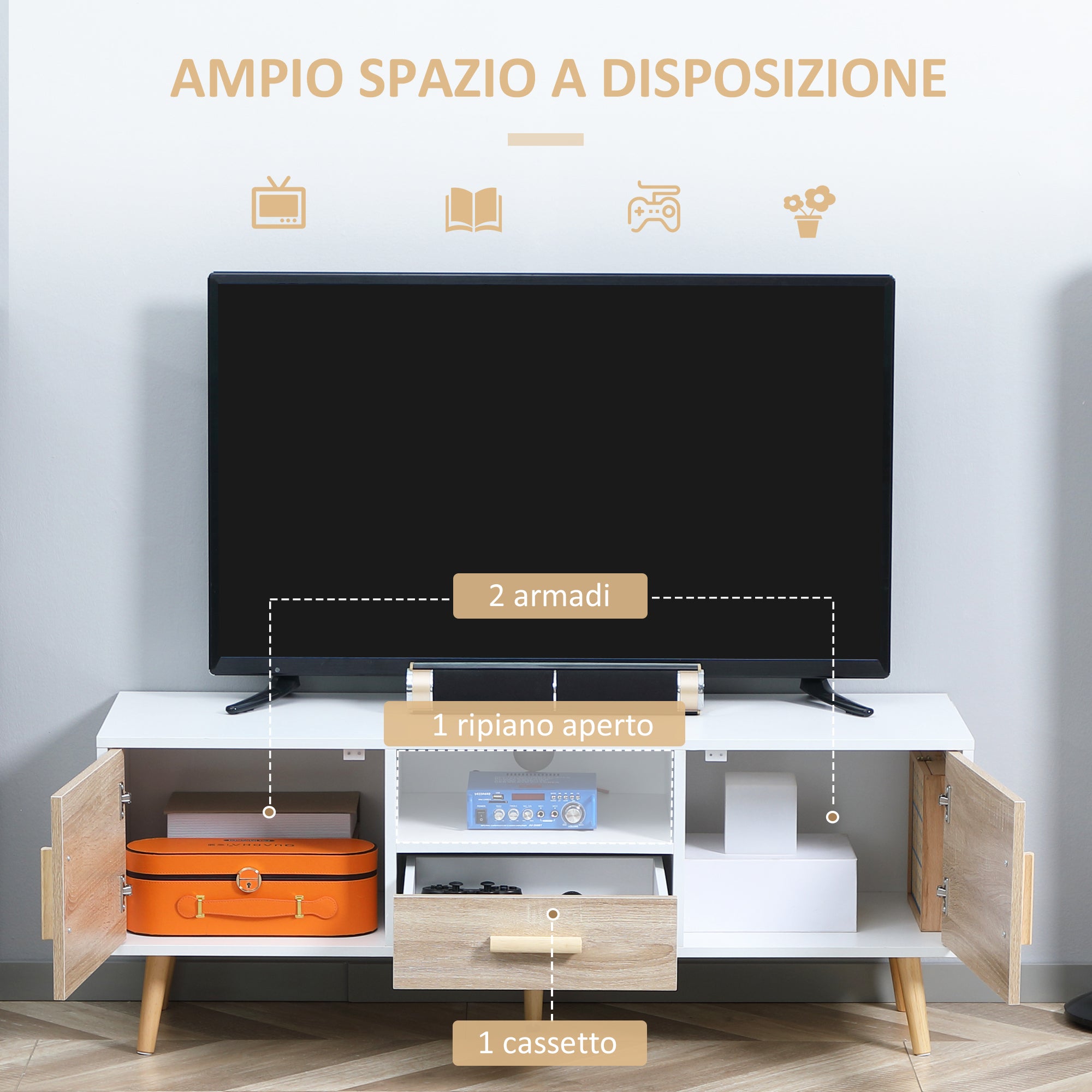 Mobile Porta TV Basso max 46" 140x40x55,3 cm con Ripiano Cassetto e 2 Armadietti in Truciolato e Pino