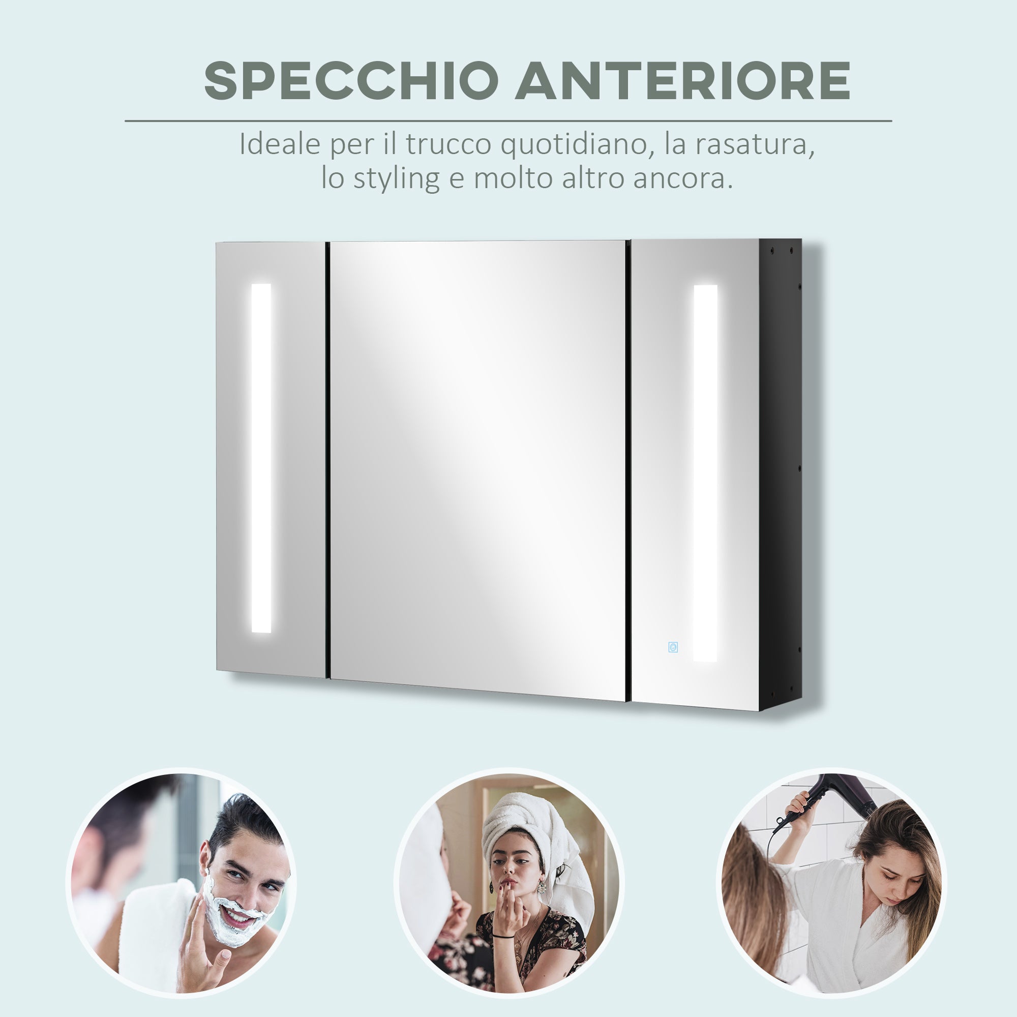 Armadietto a Specchio per Bagno 3 Ante 90x15x65 cm con Luce LED Nero