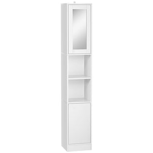 Colonna Bagno Salvaspazio con Specchio e Apertura a Pressione 30x28x170 cm in Legno Bianco