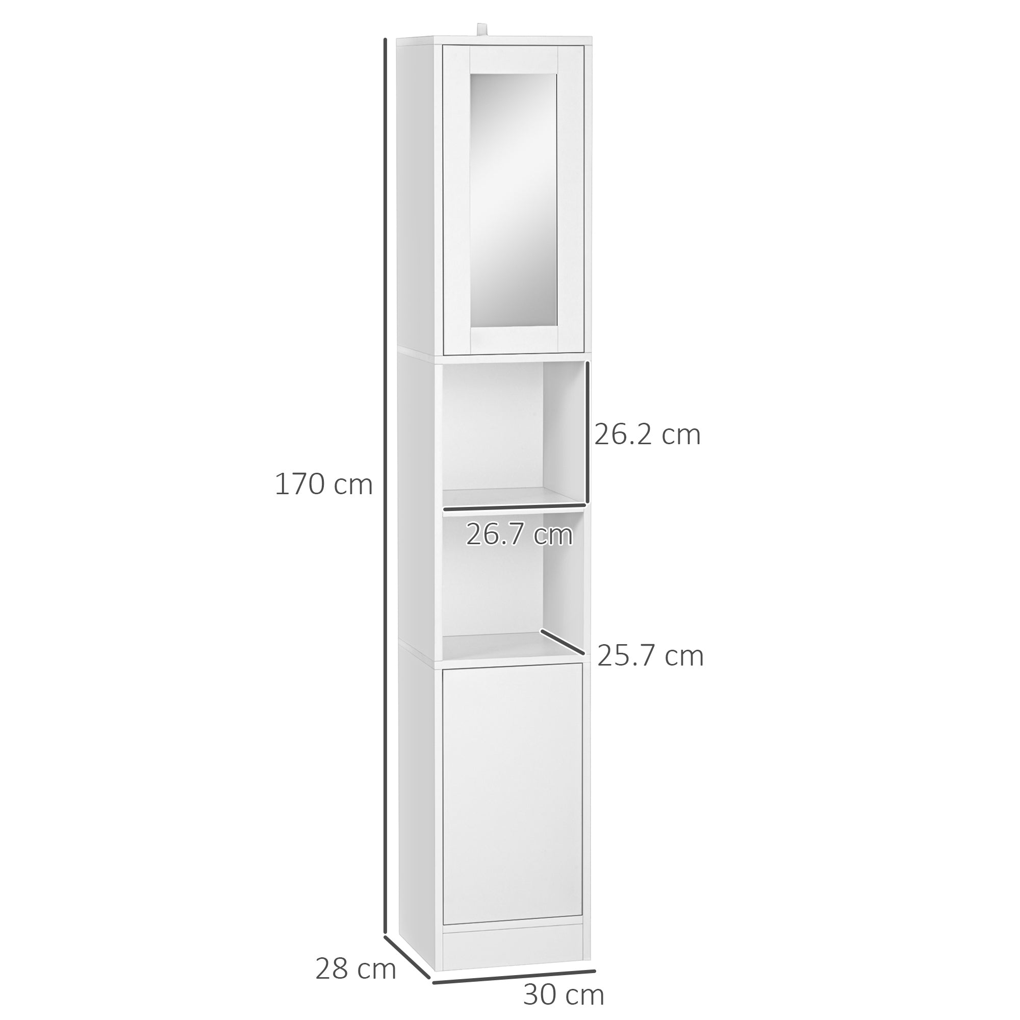 Colonna Bagno Salvaspazio con Specchio e Apertura a Pressione 30x28x170 cm in Legno Bianco