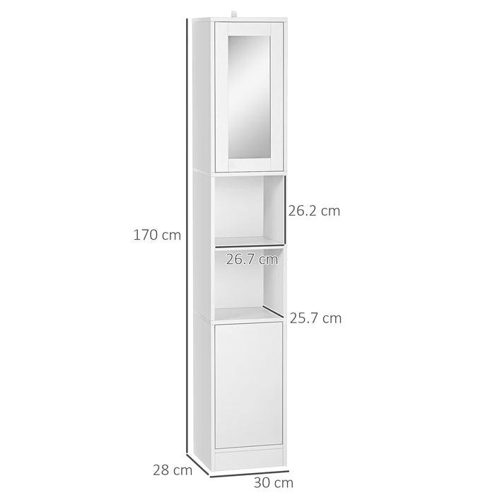 Colonna Bagno Salvaspazio con Specchio e Apertura a Pressione 30x28x170 cm in Legno Bianco