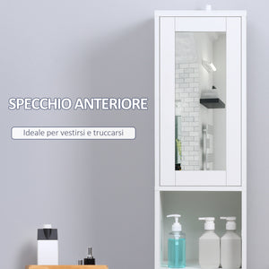 Colonna Bagno Salvaspazio con Specchio e Apertura a Pressione 30x28x170 cm in Legno Bianco