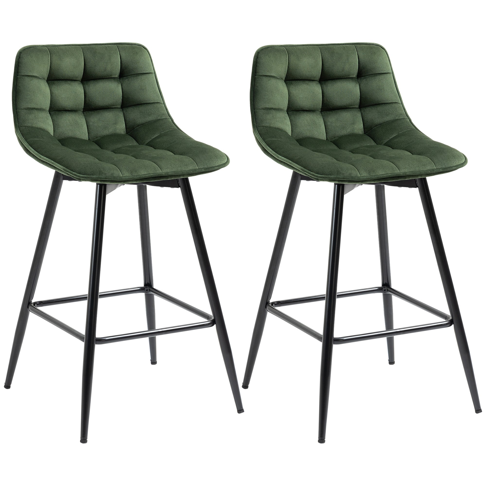 Set 2 Sgabelli da Bar con Schienale e Poggiapiedi 45x47x88 cm in Metallo e Velluto Verde