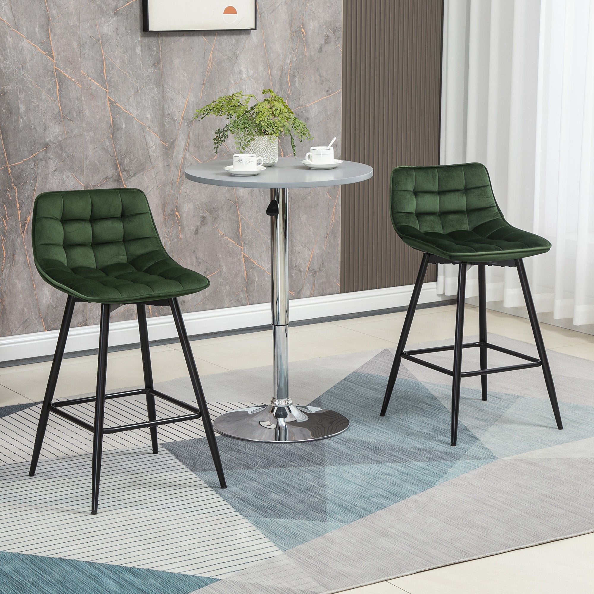 Set 2 Sgabelli da Bar con Schienale e Poggiapiedi 45x47x88 cm in Metallo e Velluto Verde