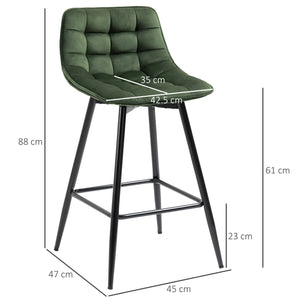 Set 2 Sgabelli da Bar con Schienale e Poggiapiedi 45x47x88 cm in Metallo e Velluto Verde