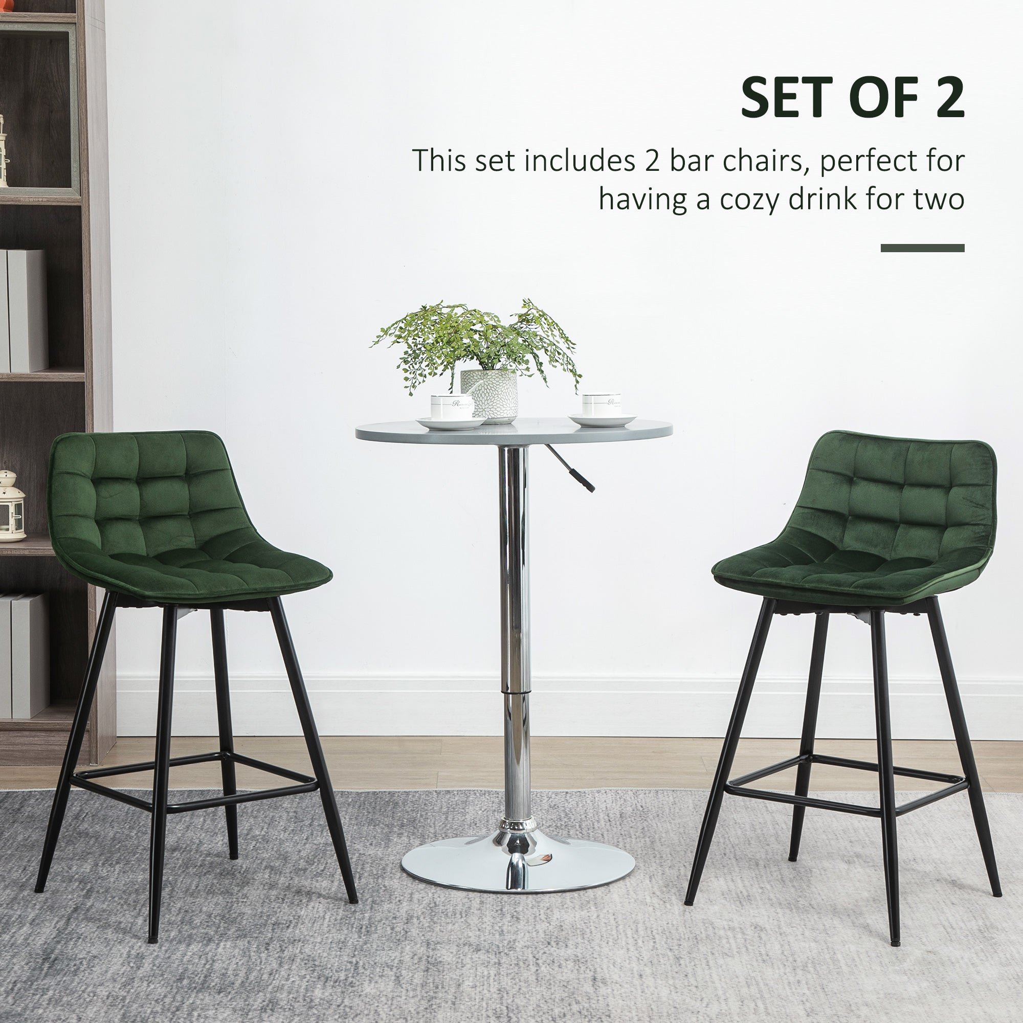 Set 2 Sgabelli da Bar con Schienale e Poggiapiedi 45x47x88 cm in Metallo e Velluto Verde