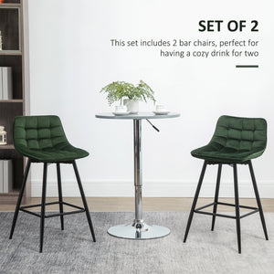 Set 2 Sgabelli da Bar con Schienale e Poggiapiedi 45x47x88 cm in Metallo e Velluto Verde