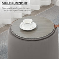 Pouf Contenitore 2 in 1 Convertibile in Tavolino da Caffè Ø44x47,5 cm in Velluto  Grigio