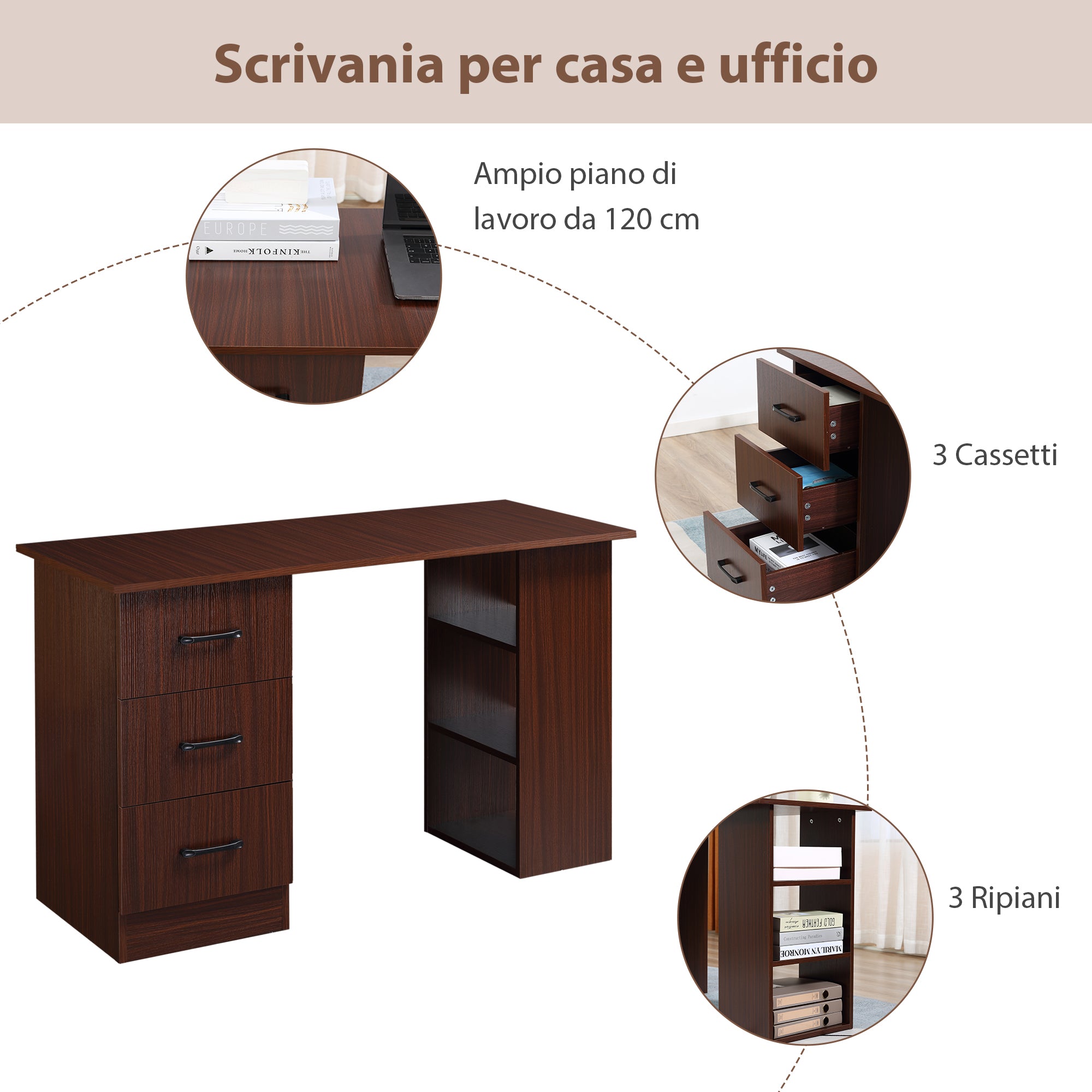 Scrivania Ufficio 3 Cassetti 3 Ripiani 120x49x72 cm in Legno Noce