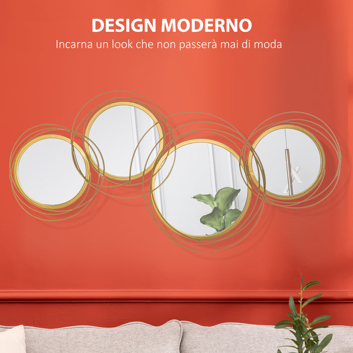 Decorazione Murale 3D in Metallo 107x56 cm Wall Art a Cerchi con Specchi  Oro