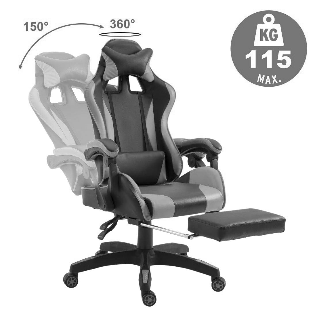 Sedia Gaming con Poggiapiedi in Similpelle Grigio