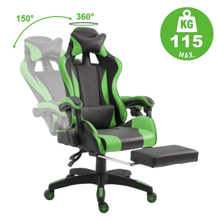 Sedia Gaming con Poggiapiedi in Similpelle Verde