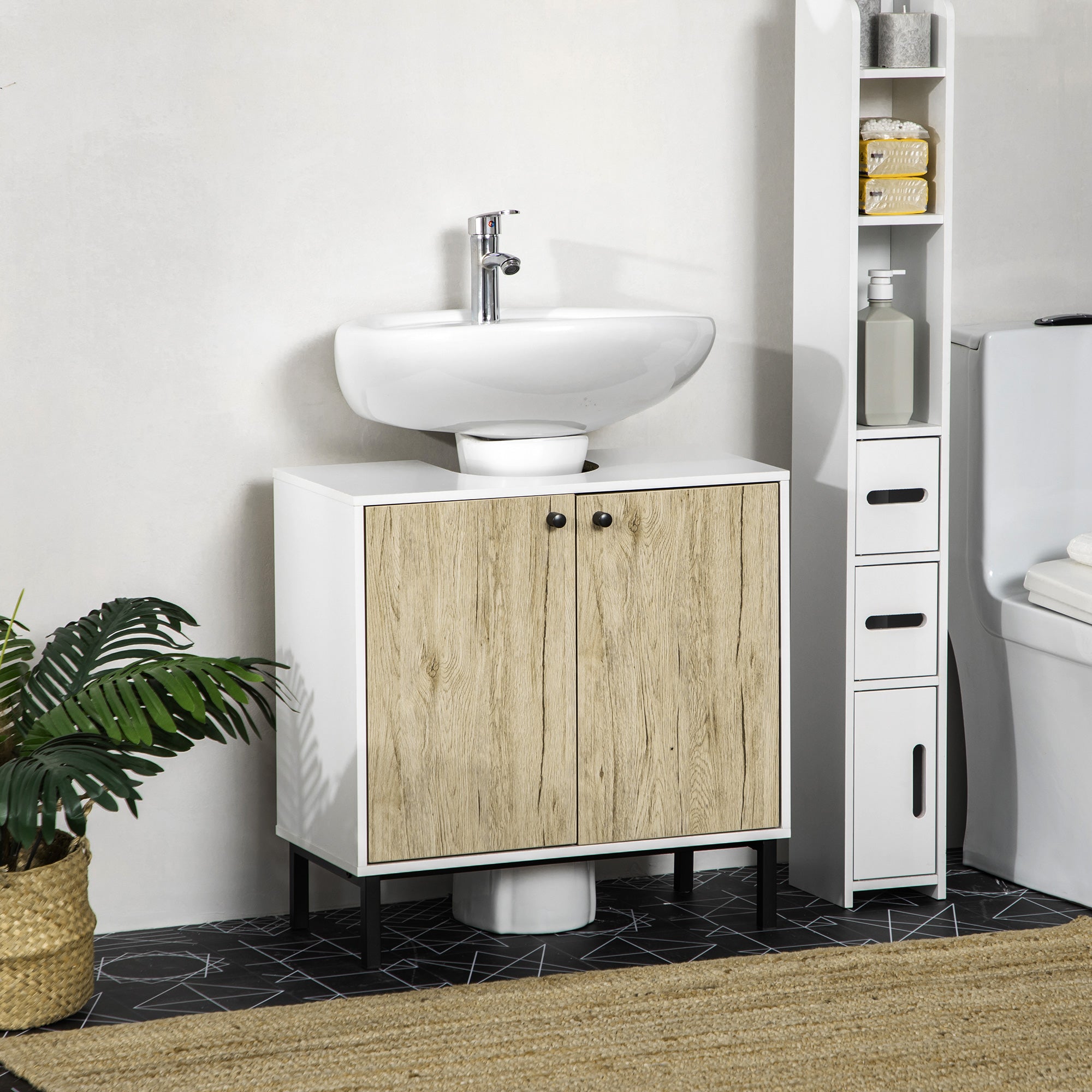 Mobile  Sotto Lavabo 60x30x60 cm in Truciolato e Acciaio Bianco e Rovere