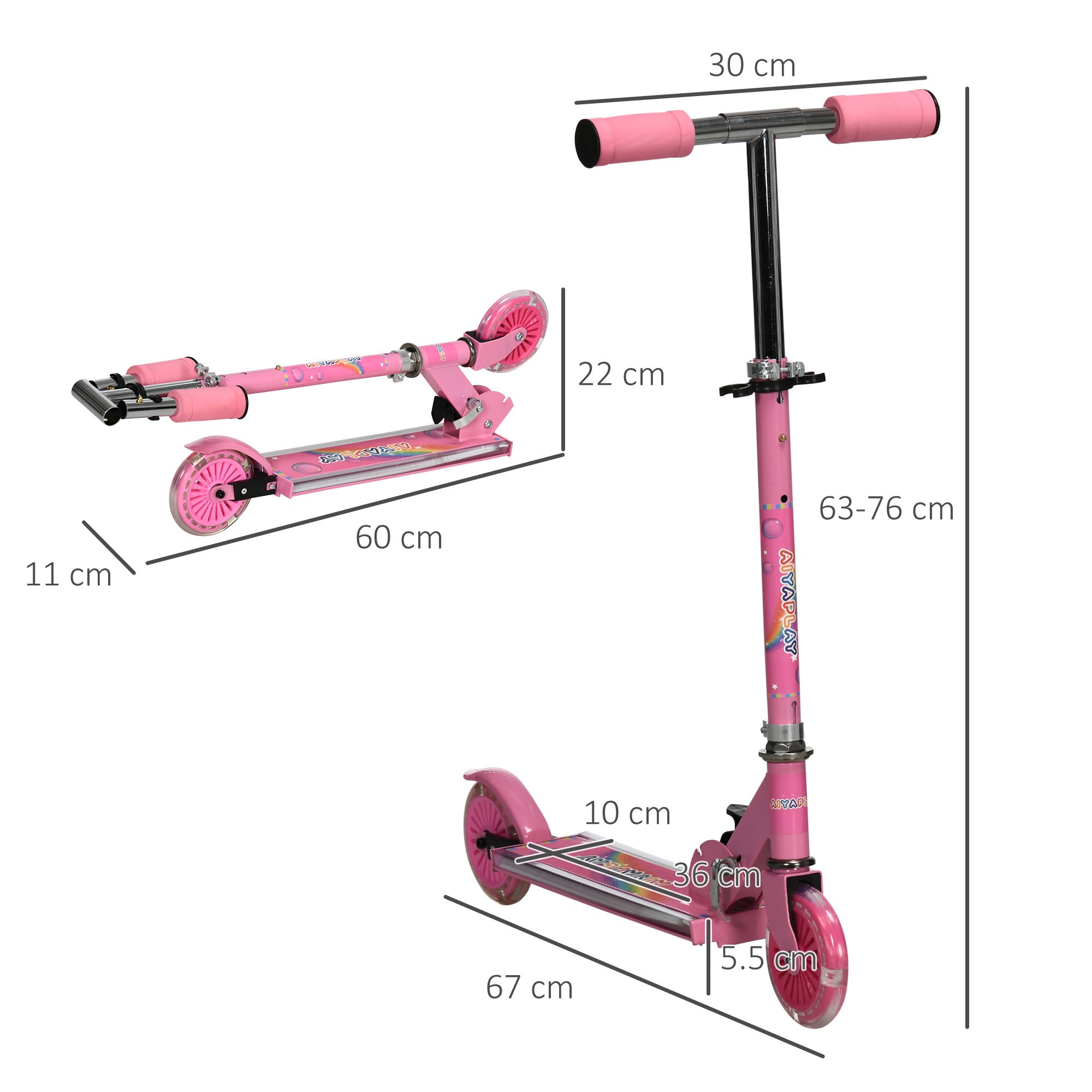 Monopattino 2 Ruote Pieghevole per Bambini Altezza Regolabile 63-76 cm Rosa