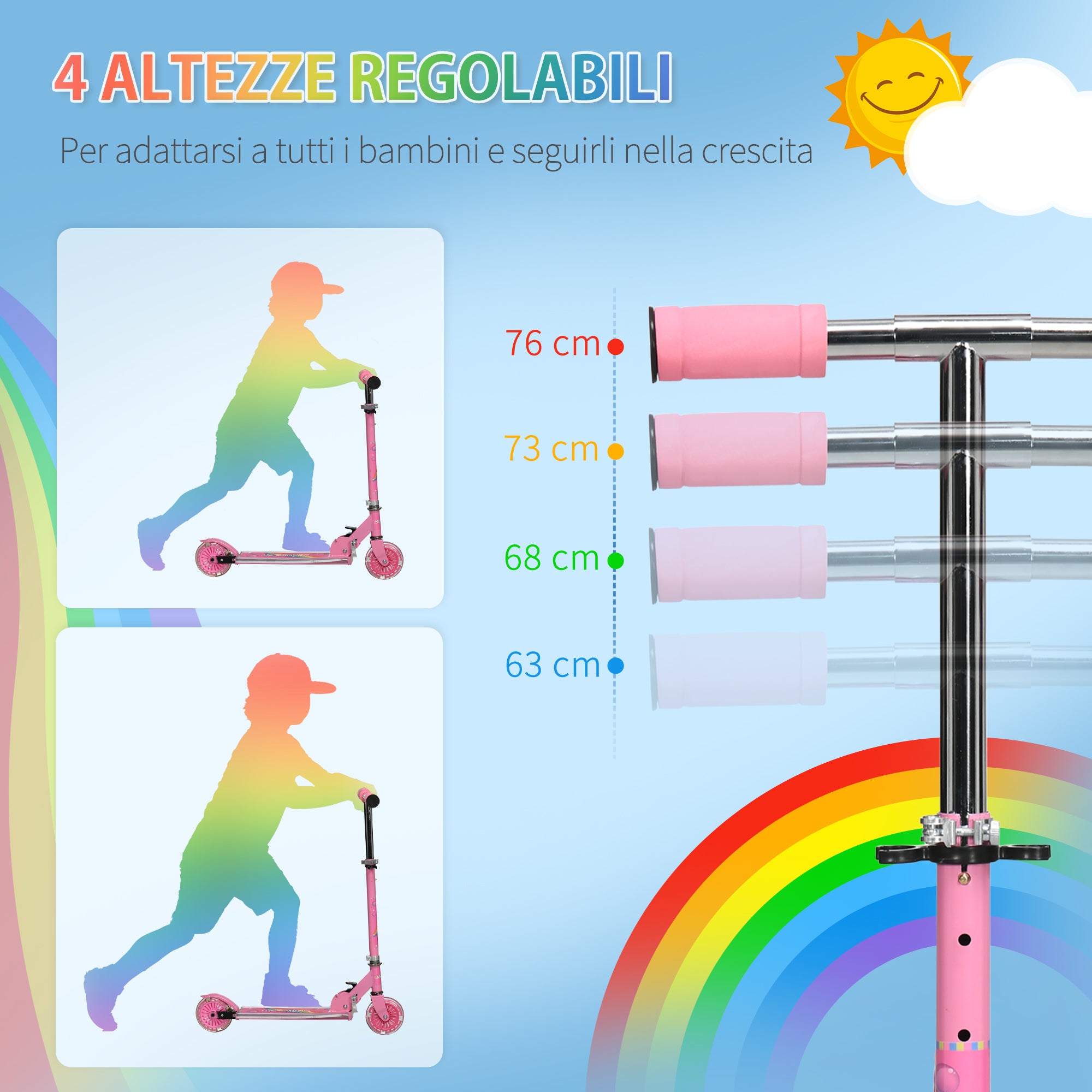 Monopattino 2 Ruote Pieghevole per Bambini Altezza Regolabile 63-76 cm Rosa