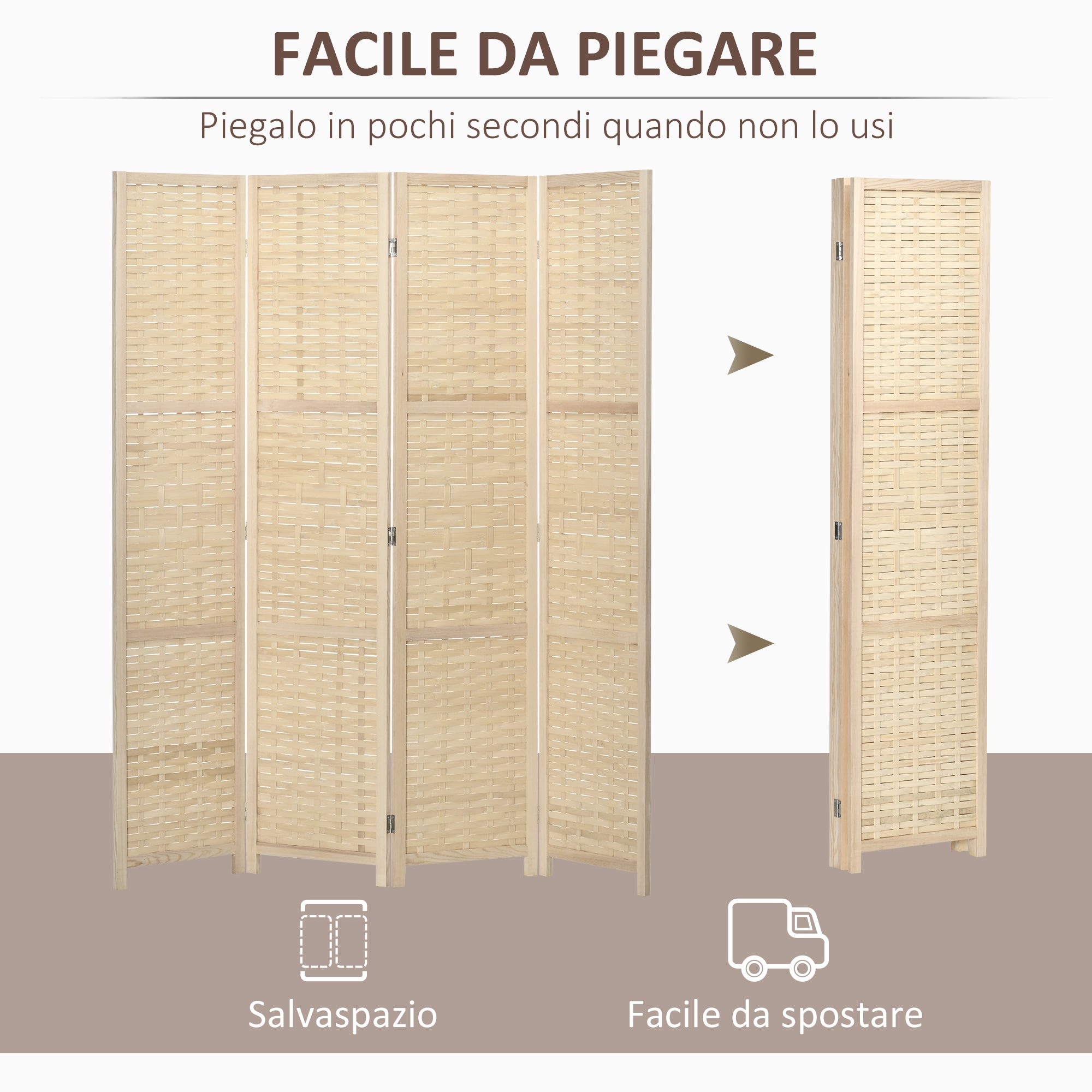 Paravento Separè 4 Ante H170 cm in Legno e Bambù Marrone