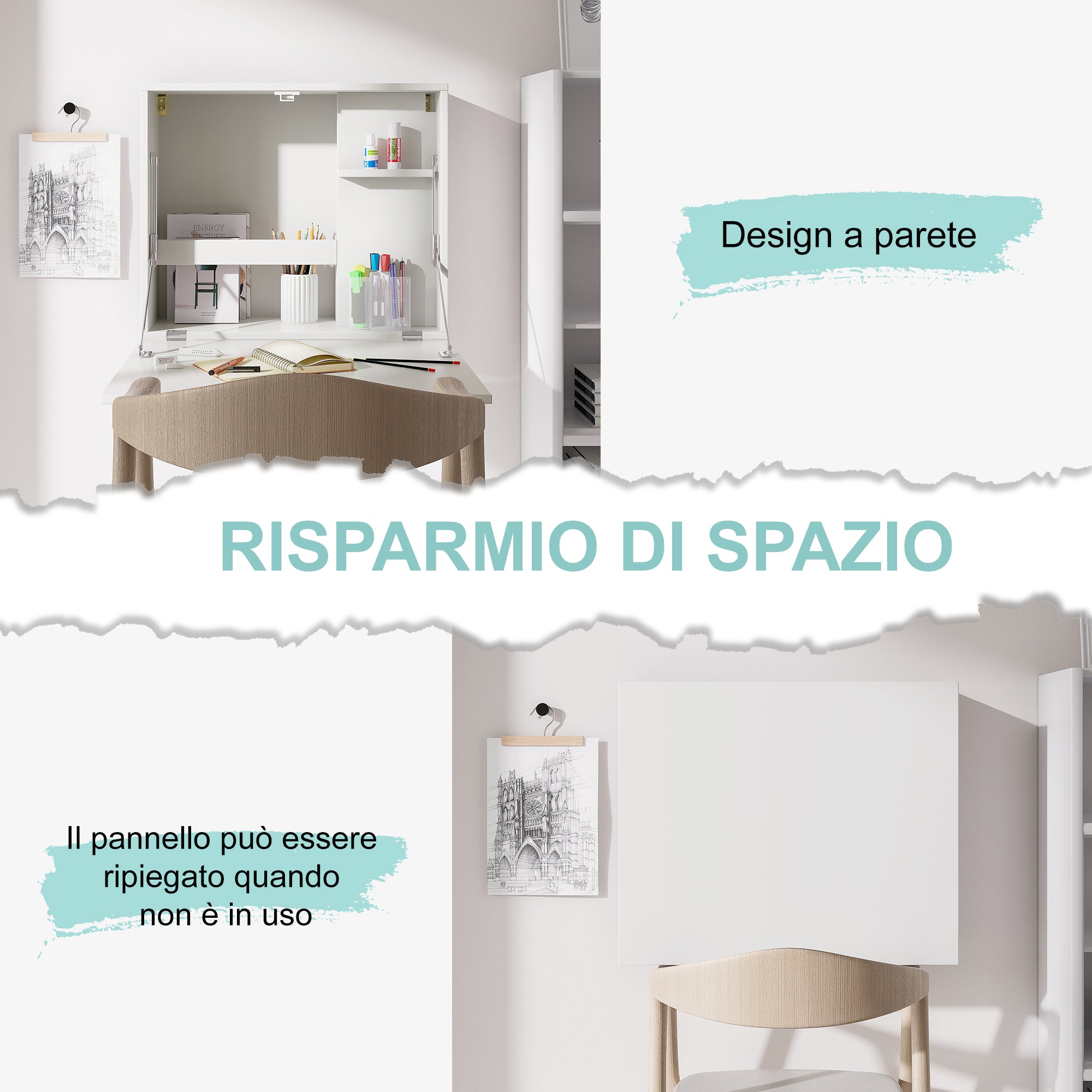 Scrivania Pieghevole con Ripiani 60x21,5x50 cm in Truciolato e MDF Bianco