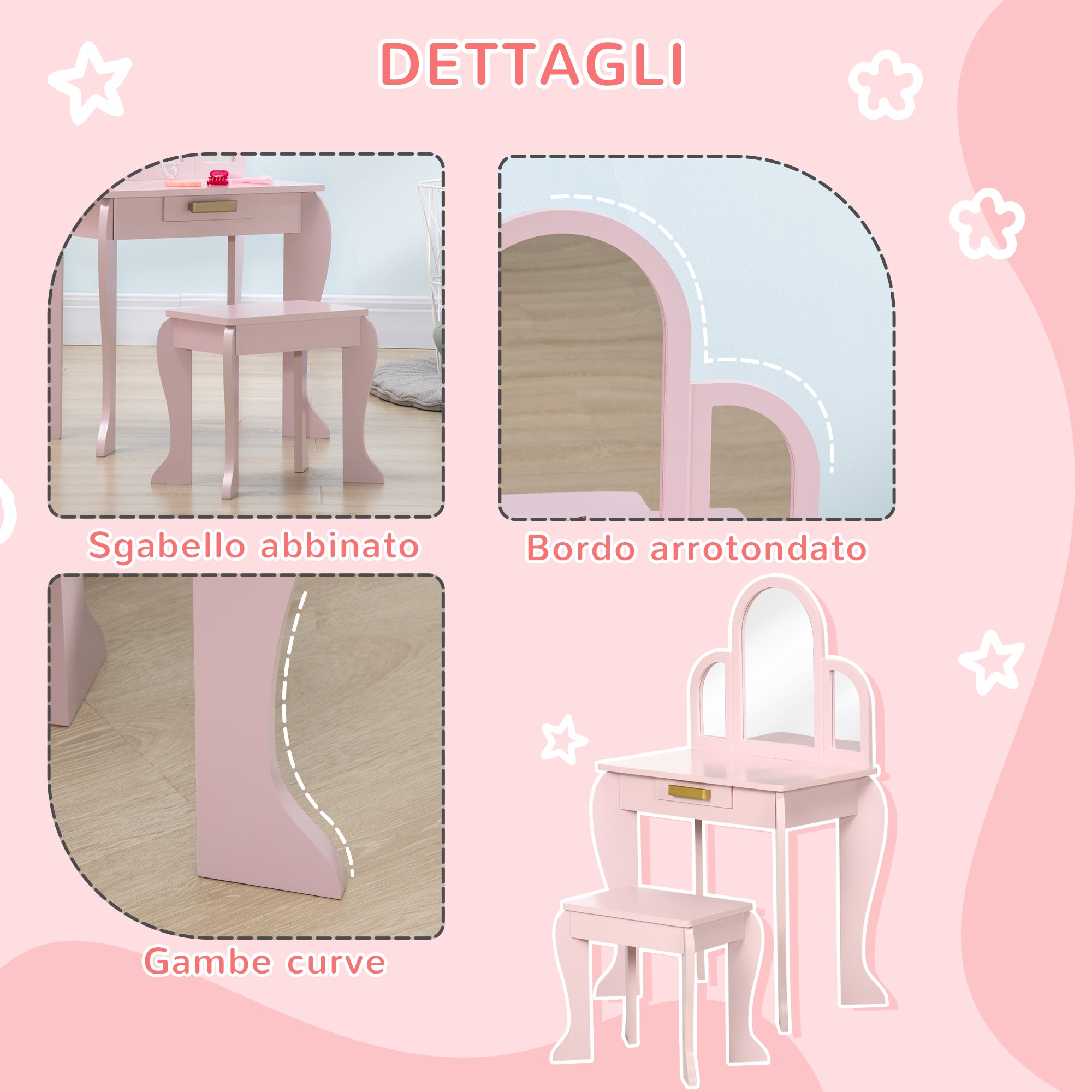 Specchiera Giocattolo per Bambini 52x32x85 cm in MDF e Acrilico Rosa