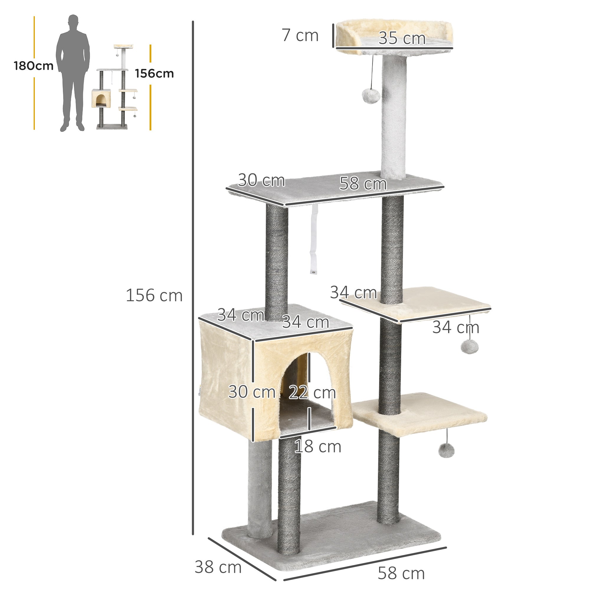 Albero Tiragraffi H156 cm con Lettino e Casetta Pali in Sisal Grigio e Beige