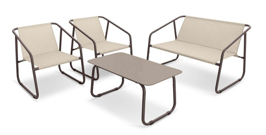 Set Salotto da Giardino Tavolo 2 Poltrone e Divano in Acciaio e Textilene Nizza Marrone e Beige