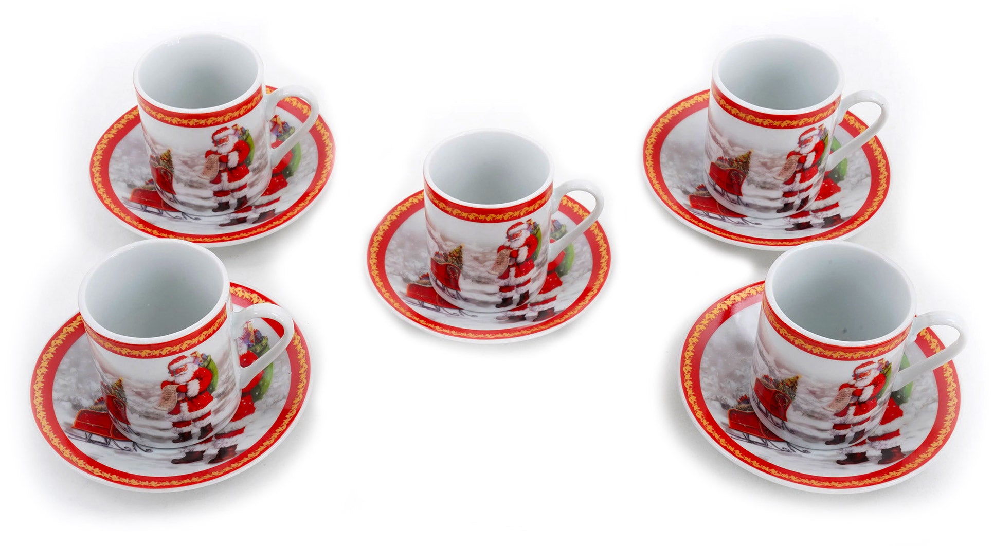 Set da Caffè 5 Tazzine e 5 Piattini di Natale in Ceramica