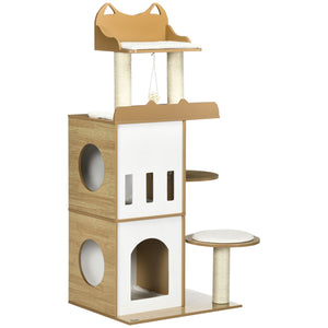 Albero per Gatti con Tiragraffi 60x48x133 cm 2 Casette Posatoi e Pallina Gioco in MDF Peluche e Sisal Rovere e bianco