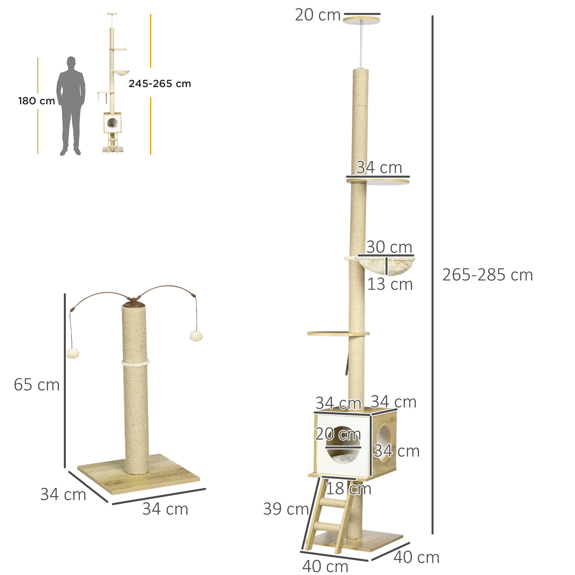 Albero per Gatti con Tiragraffi 40x40x225-285 cm Casetta Amaca e Pallina in Truciolato e iuta Beige e bianco