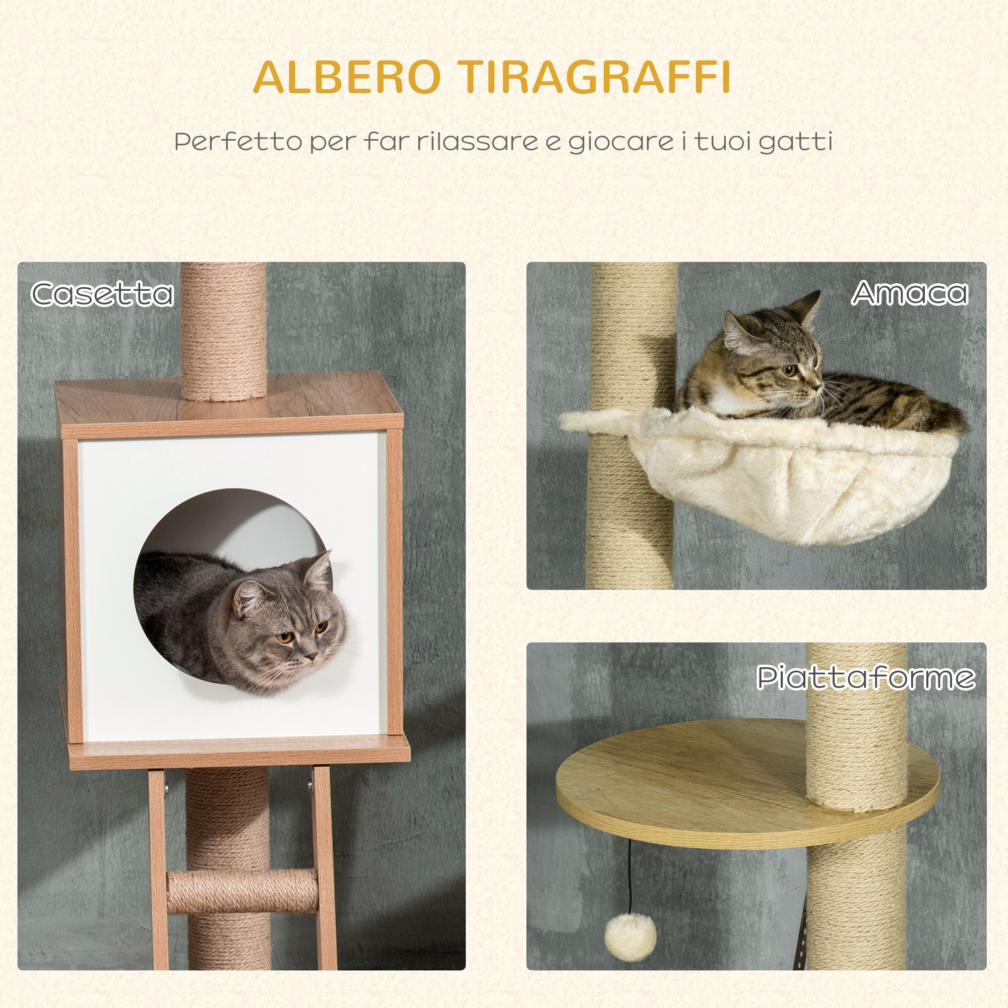 Albero per Gatti con Tiragraffi 40x40x225-285 cm Casetta Amaca e Pallina in Truciolato e iuta Beige e bianco