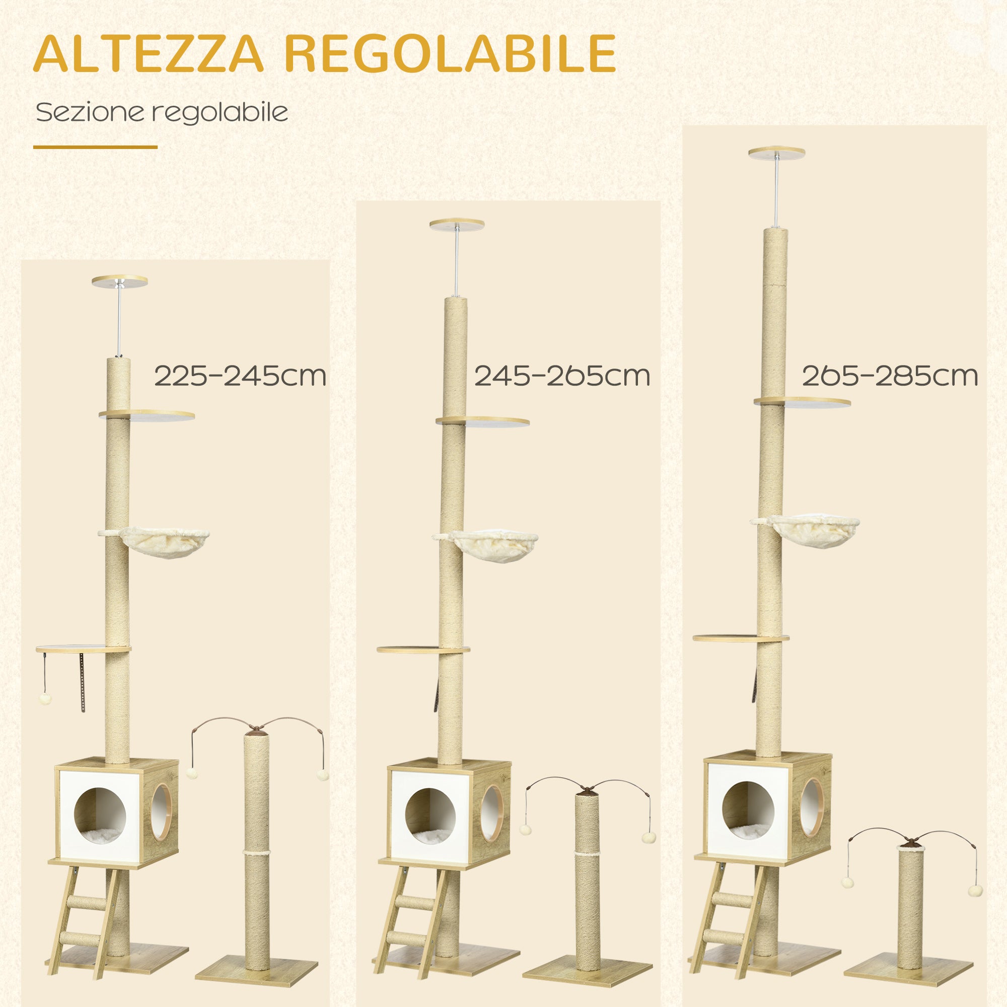 Albero per Gatti con Tiragraffi 40x40x225-285 cm Casetta Amaca e Pallina in Truciolato e iuta Beige e bianco