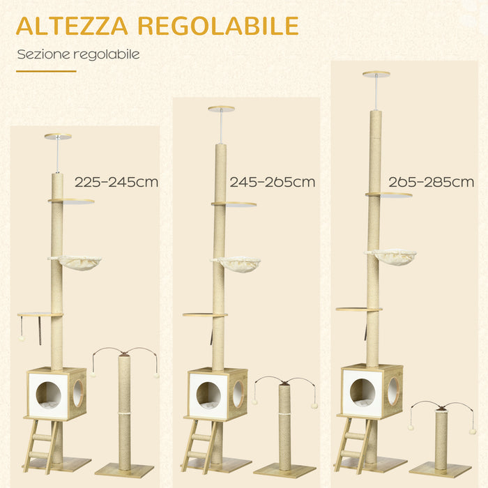 Albero per Gatti con Tiragraffi 40x40x225-285 cm Casetta Amaca e Pallina in Truciolato e iuta Beige e bianco