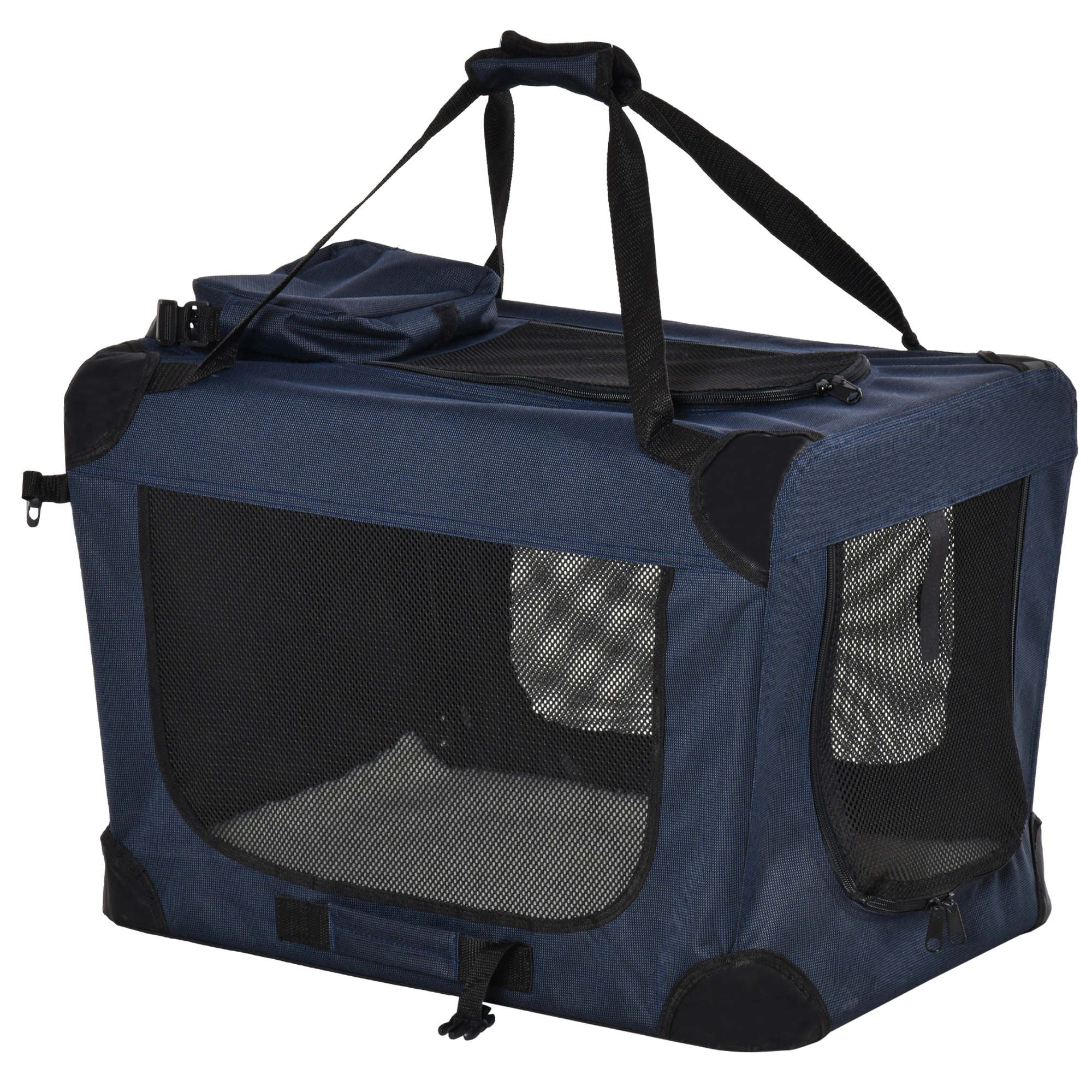 Trasportino per Cani a 3 Ingressi 70x51x50 cm con Cuscino e Sacche Portaoggetti in Tessuto Oxford  Blu Scuro