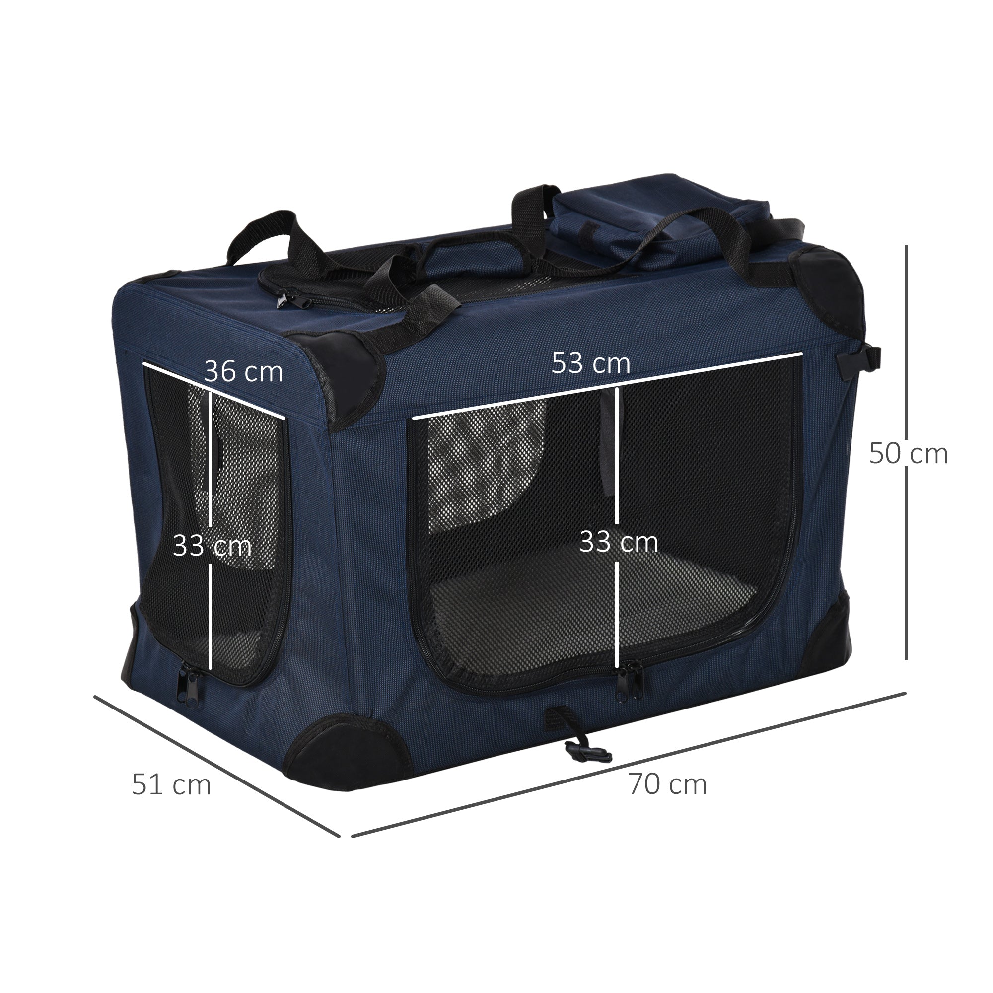 Trasportino per Cani a 3 Ingressi 70x51x50 cm con Cuscino e Sacche Portaoggetti in Tessuto Oxford  Blu Scuro