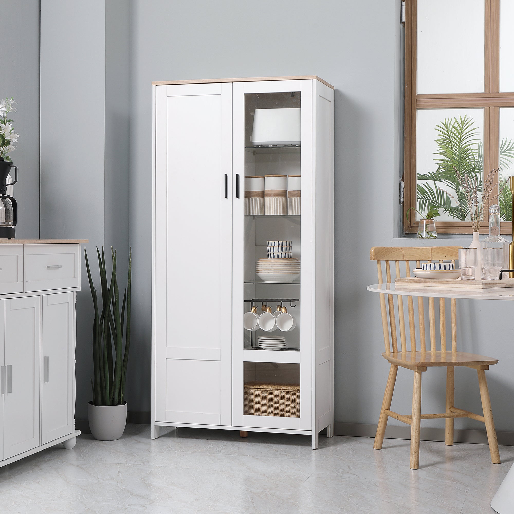 Credenza Moderna da Cucina 76x36x160 cm 2 Ante con Mensole Regolabili in Legno e Vetro Bianco