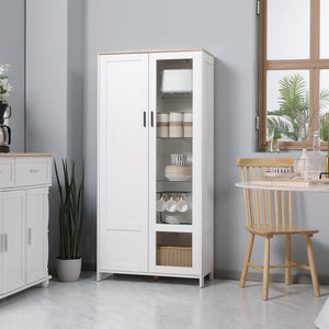 Credenza Moderna da Cucina 76x36x160 cm 2 Ante con Mensole Regolabili in Legno e Vetro Bianco