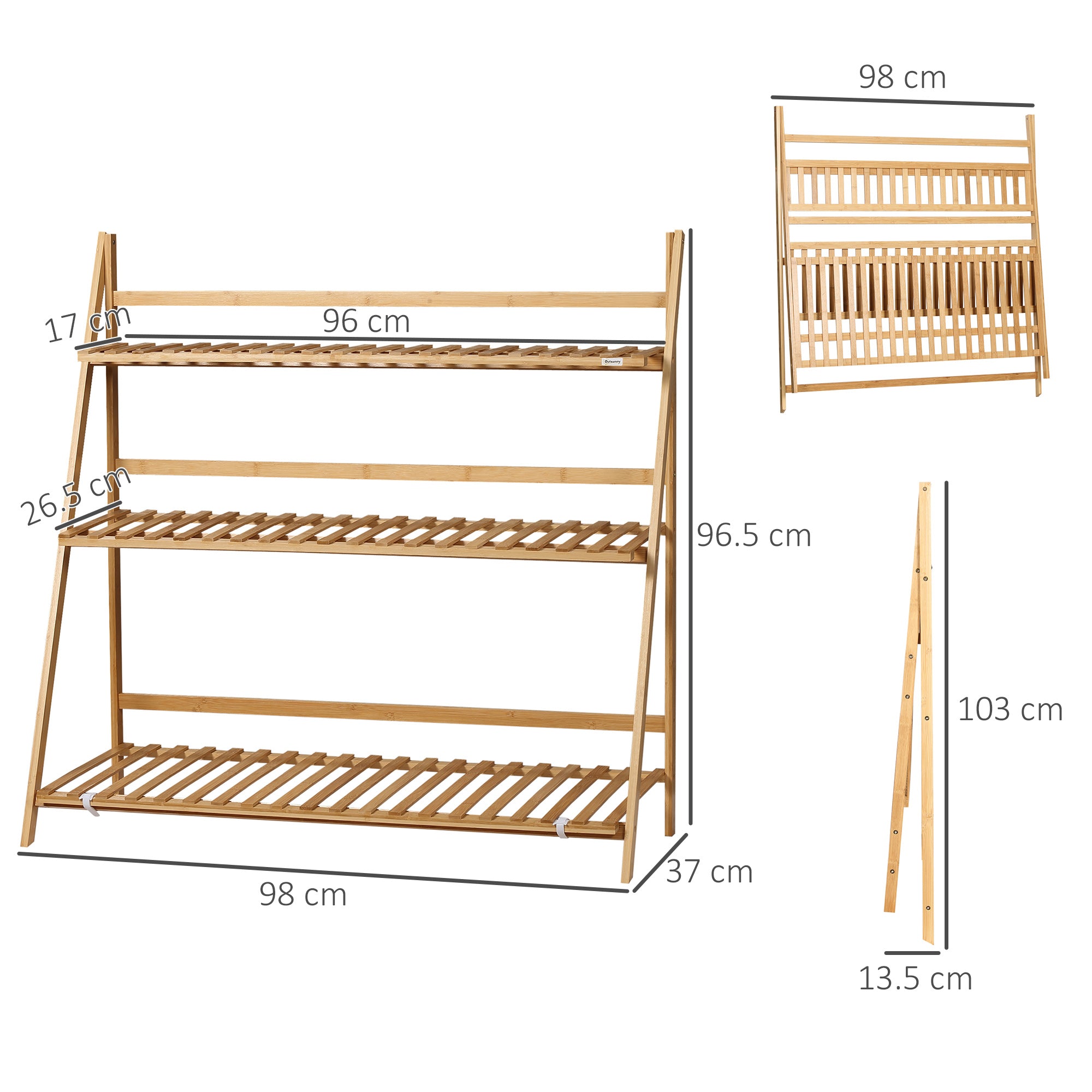 Fioriera da Giardino Pieghevole da Esterno a 3 Livelli 98x37x96,5 cm  in Bambù Legno Naturale