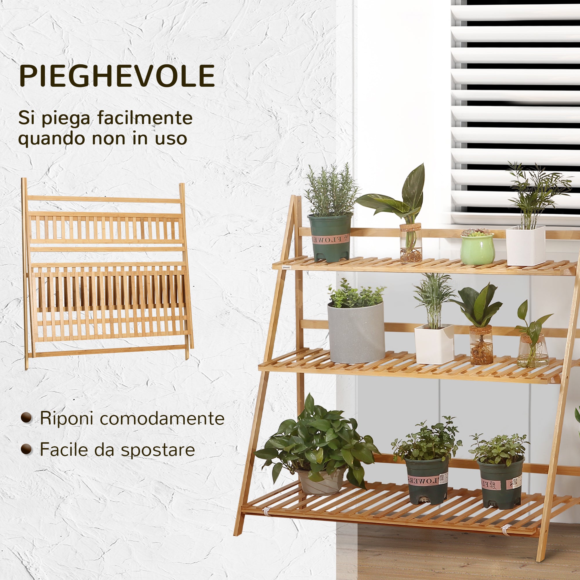 Fioriera da Giardino Pieghevole da Esterno a 3 Livelli 98x37x96,5 cm  in Bambù Legno Naturale