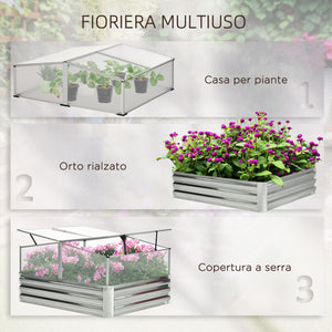 Fioriera da Giardino 126x107x57,5/67,5 cm Rialzata in Metallo con Copertura in PC Argento