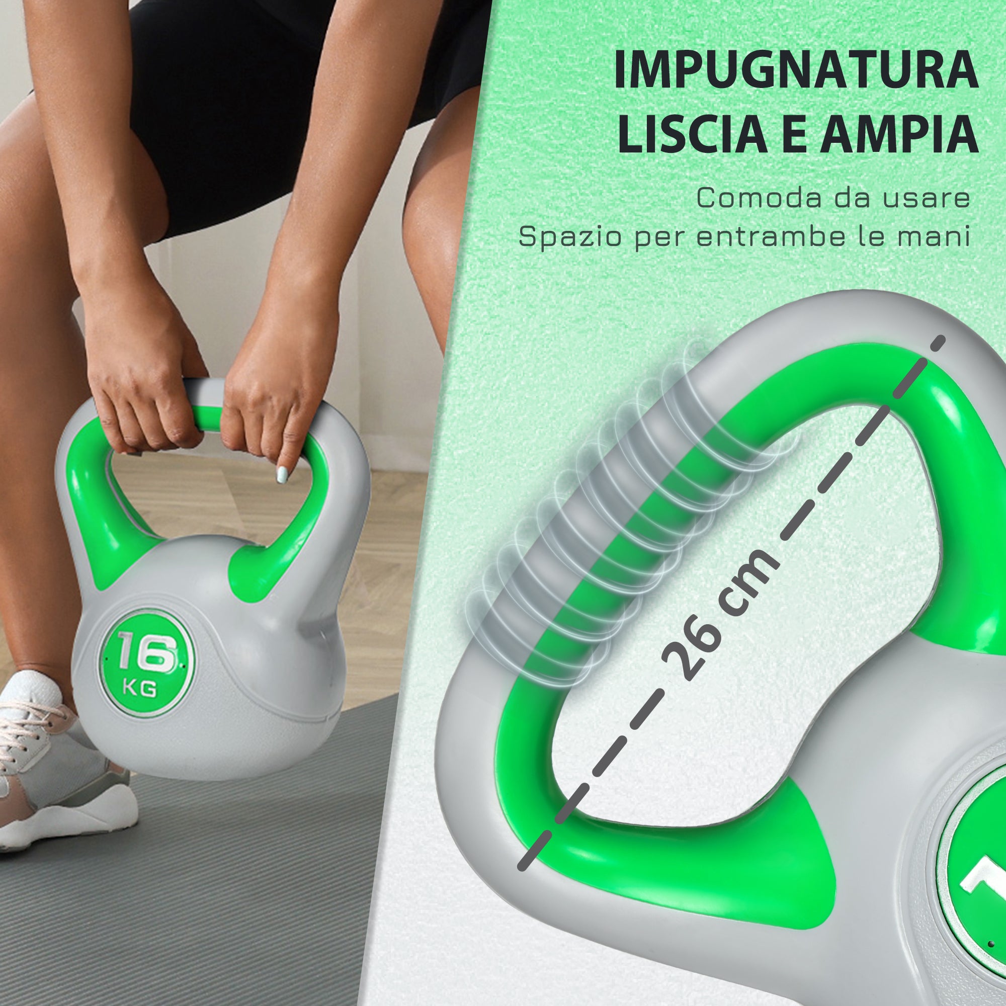 Kettlebell per Allenamento 16 Kg Base Piatta e Impugnatura per Stacchi in PU e Sabbia Verde