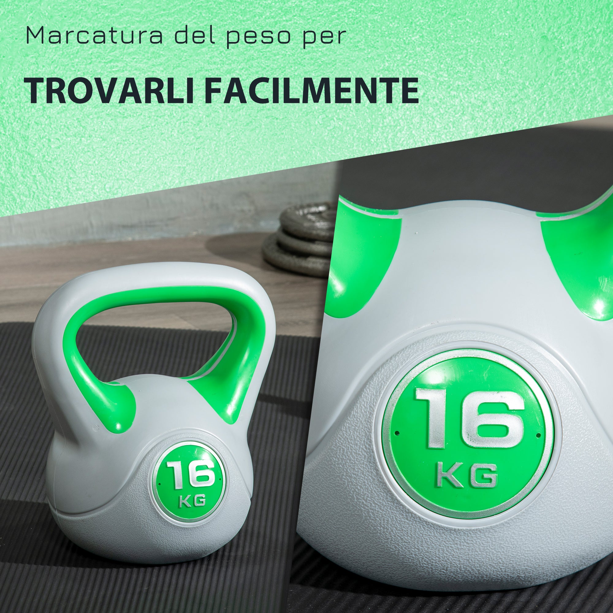 Kettlebell per Allenamento 16 Kg Base Piatta e Impugnatura per Stacchi in PU e Sabbia Verde