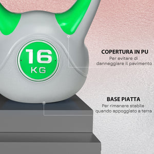 Kettlebell per Allenamento 16 Kg Base Piatta e Impugnatura per Stacchi in PU e Sabbia Verde