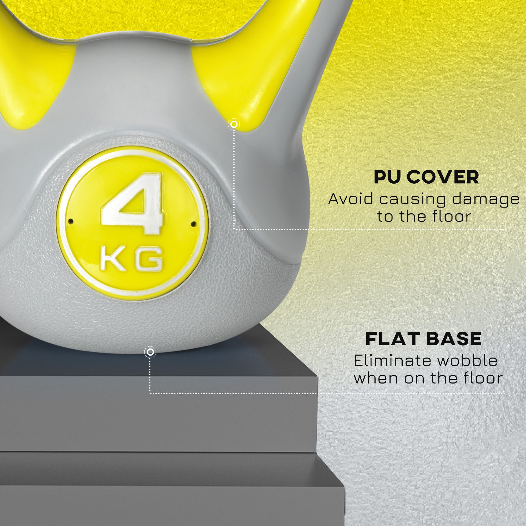 Kettlebell per Allenamento 4 Kg Base Piatta e Impugnatura per Stacchi in PU e Sabbia Giallo