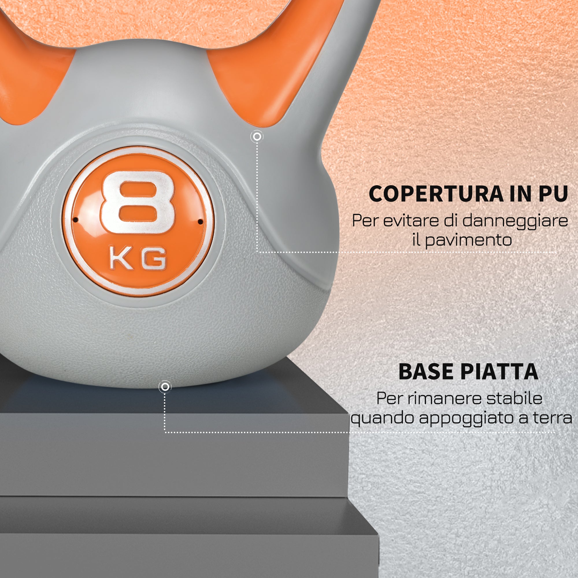 Kettlebell per Allenamento 8 Kg Base Piatta e Impugnatura per Stacchi in PU e Sabbia Arancione